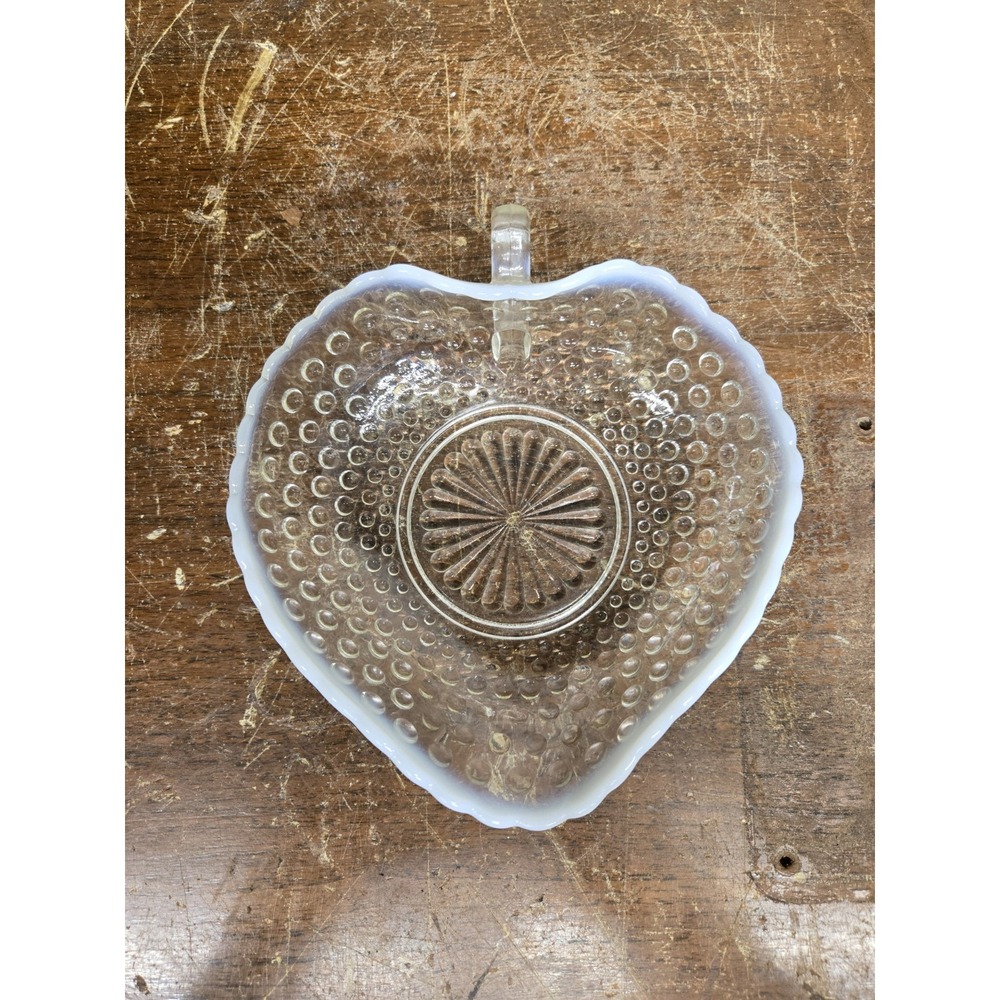 Vintage Anchor Hocking Moonstone Opalescent Hobnail Heart Nappy Dish 1940s